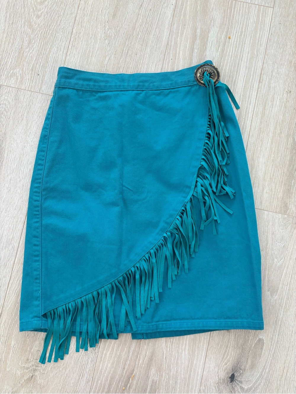 Vintage Western 90s Teal Fringe Wrap Skirt w Cinco detail